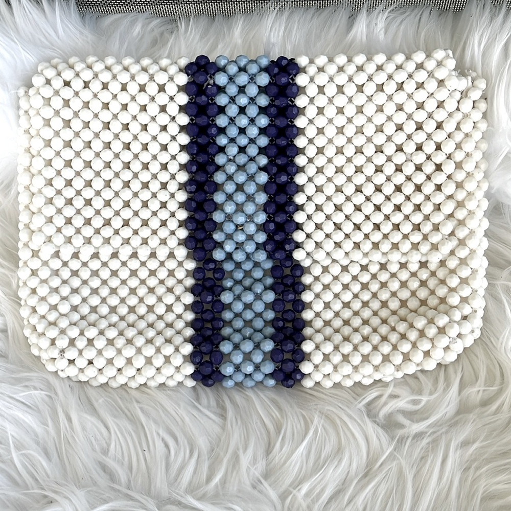 Isaac Mizrahi Blue & White Striped Beaded Purse. NO STRAP